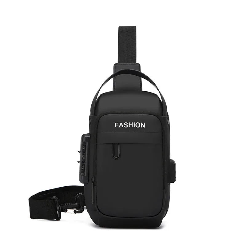 Black anti-theft crossbody sling bag with a USB charging port and adjustable strap.