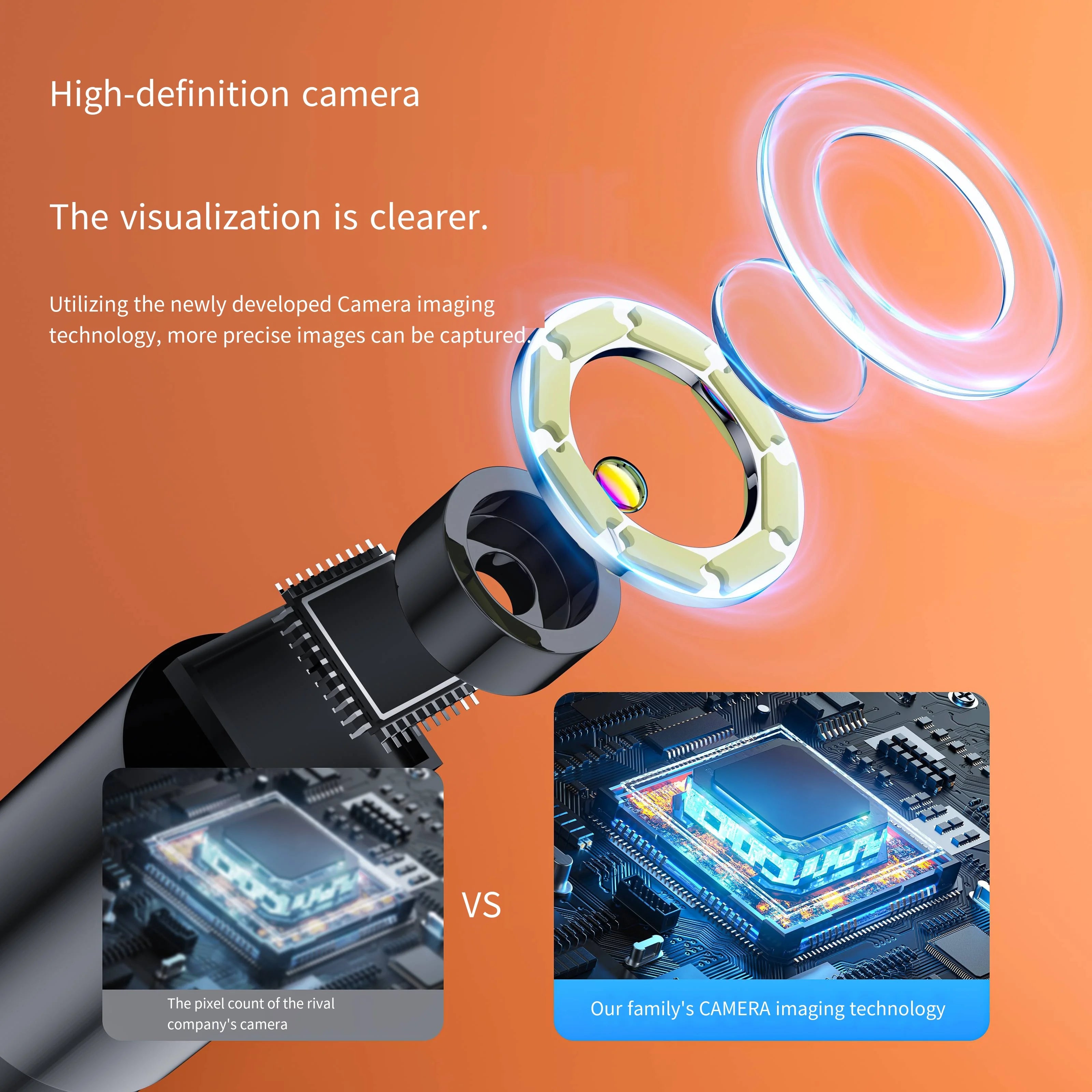 Exploded view of a 7mm USB-C inspection camera showing high-definition lens components and advanced imaging circuitry.