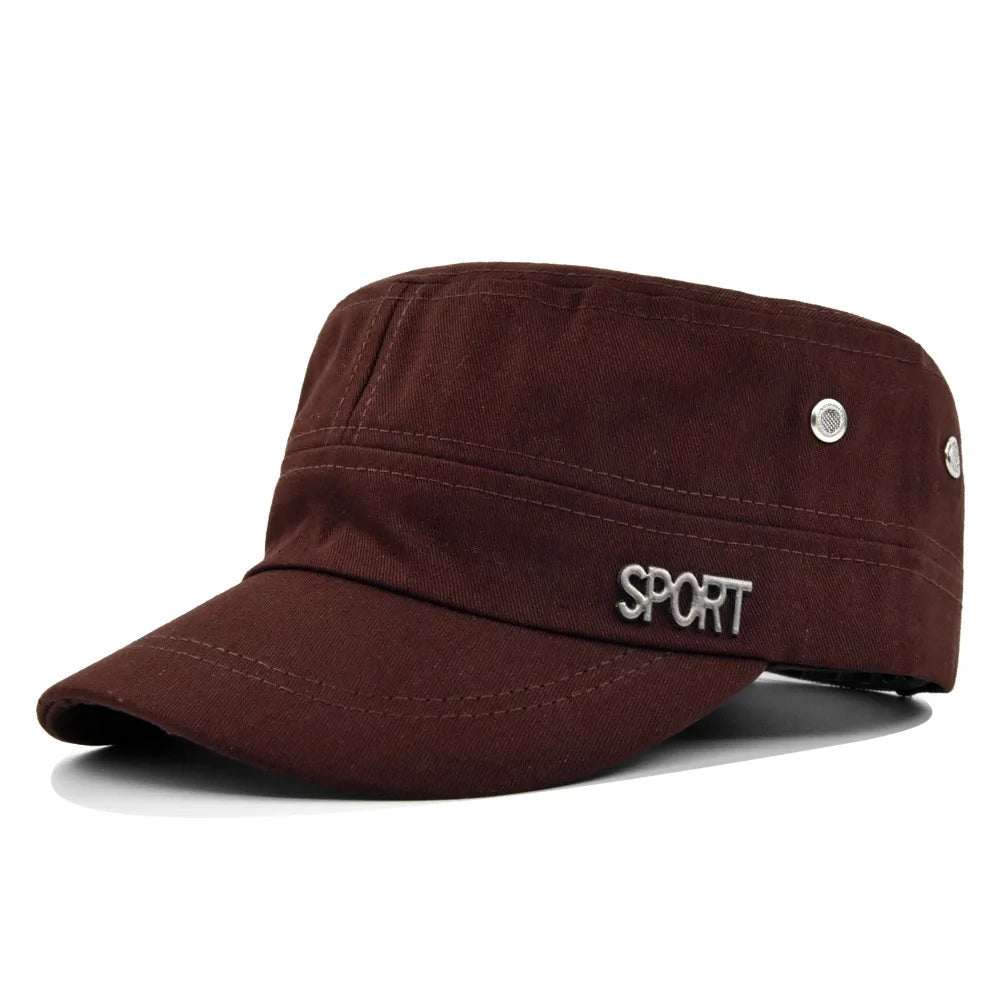Dark brown unisex military-style flat cap with a curved peak and silver 'SPORT' lettering detail.
