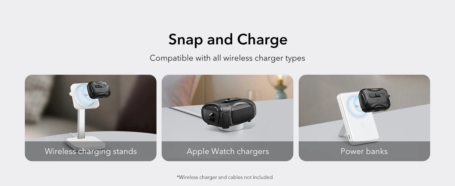 Rugged black wireless charging case for AirPods, showing compatibility with charging stands, docks, and power banks.