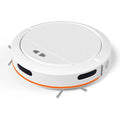 A white robotic vacuum cleaner with an orange bumper stripe and side brushes on a white background.