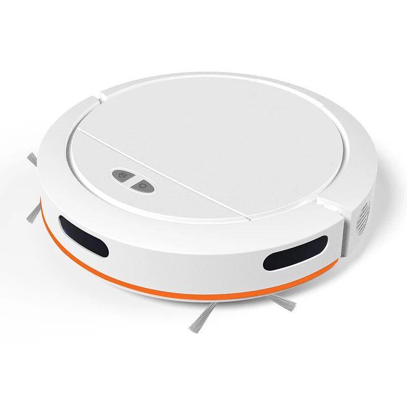 A white robotic vacuum cleaner with an orange bumper stripe and side brushes on a white background.