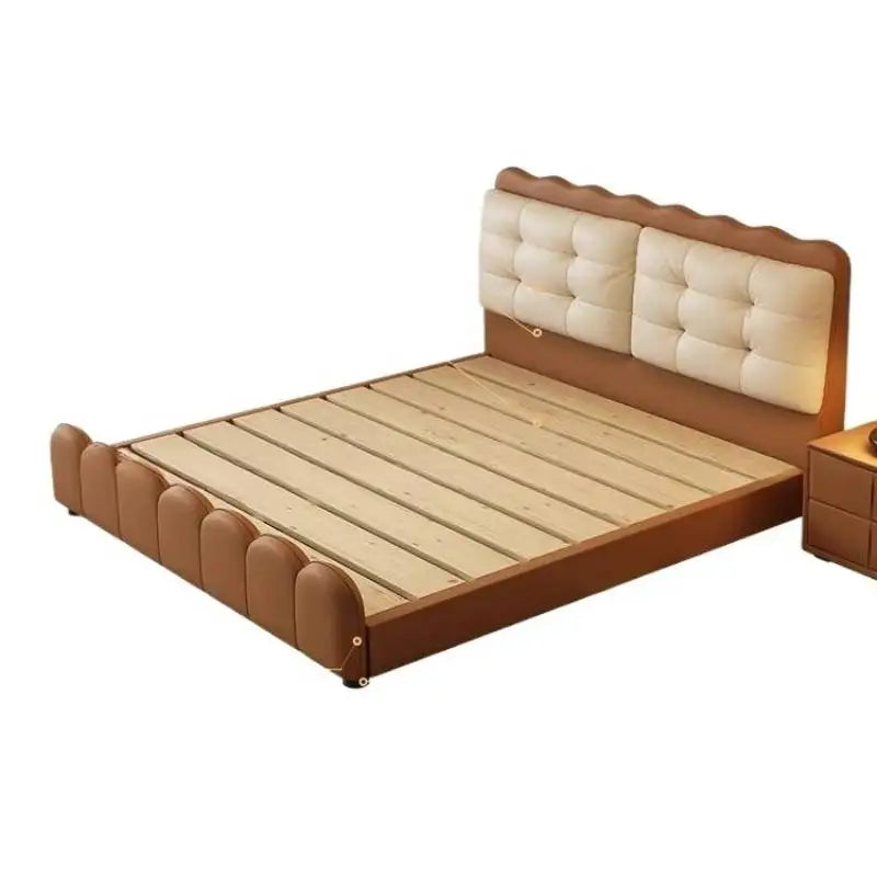Modern platform bed with brown scalloped frame, cream tufted headboard, and natural wooden slats.