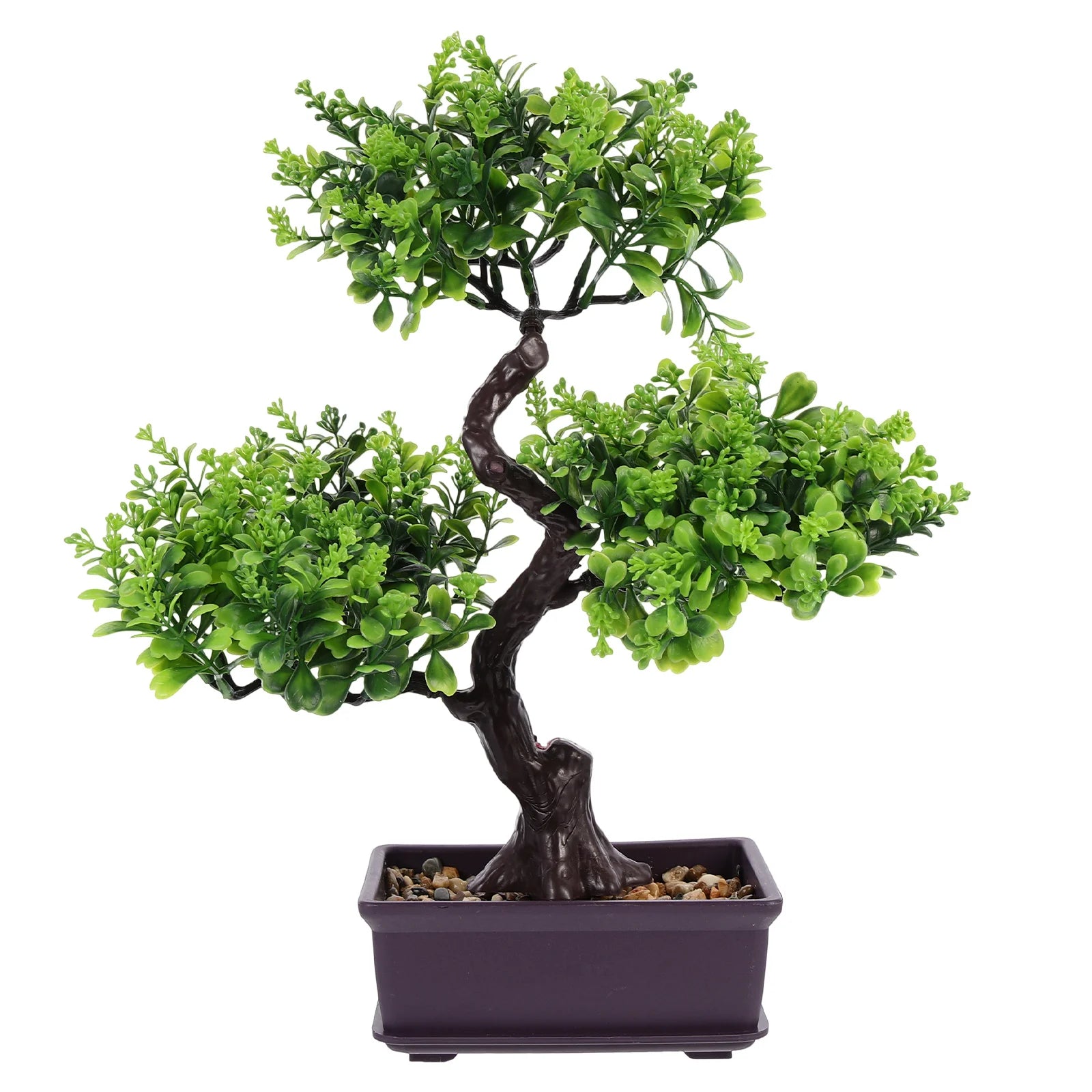 Artificial bonsai tree with vibrant green leaves, a curved brown trunk, and decorative pebbles in a dark purple pot.