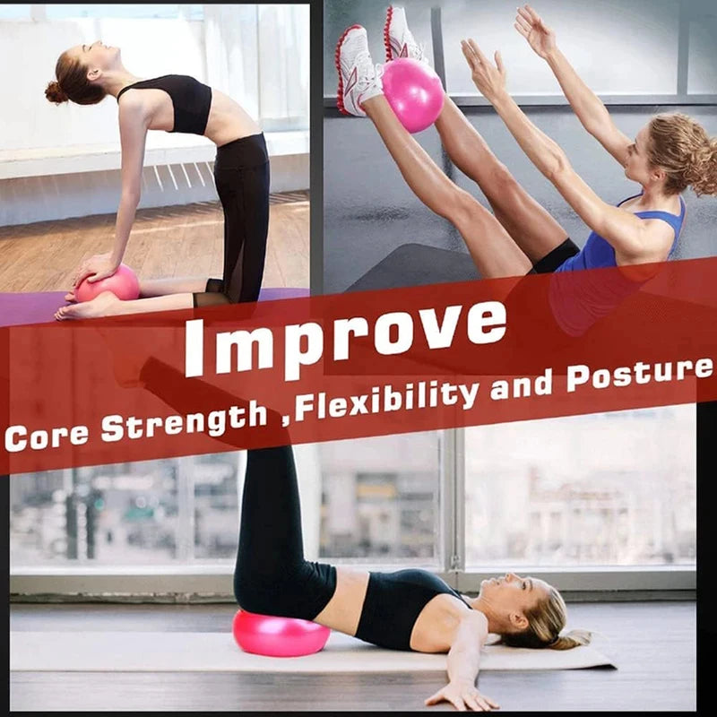 Three photos of women using a small, pink inflatable pilates ball for core strength and flexibility exercises.