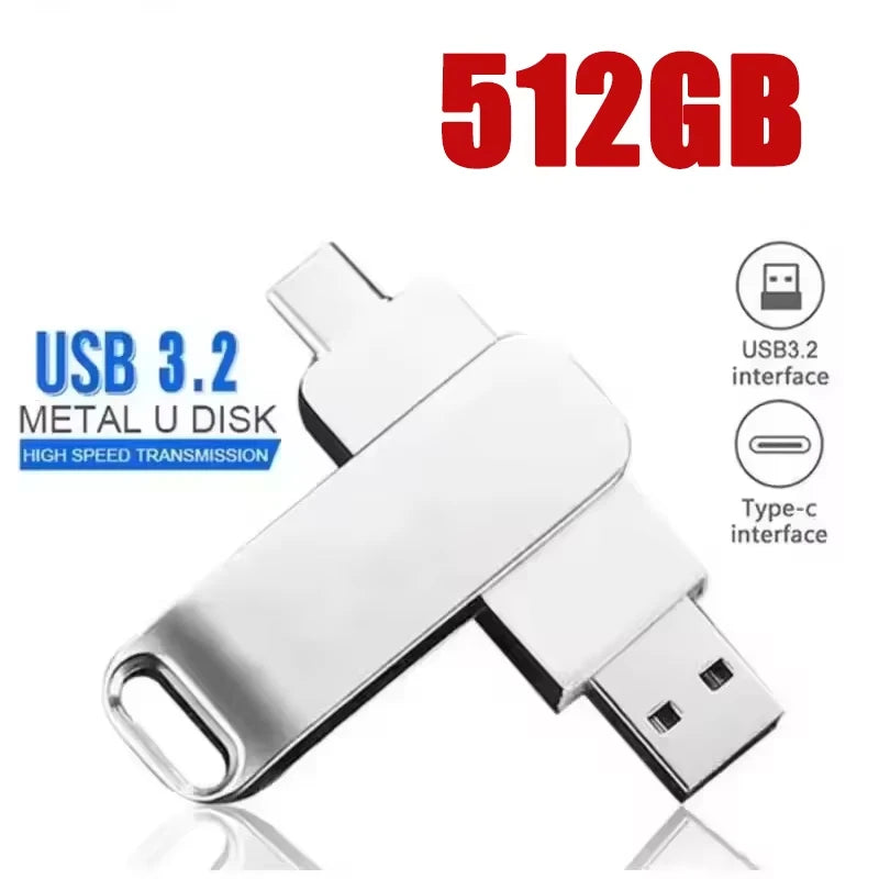 Silver 512GB 2-in-1 dual USB 3.2 and Type-C metal flash drive with a swivel design.