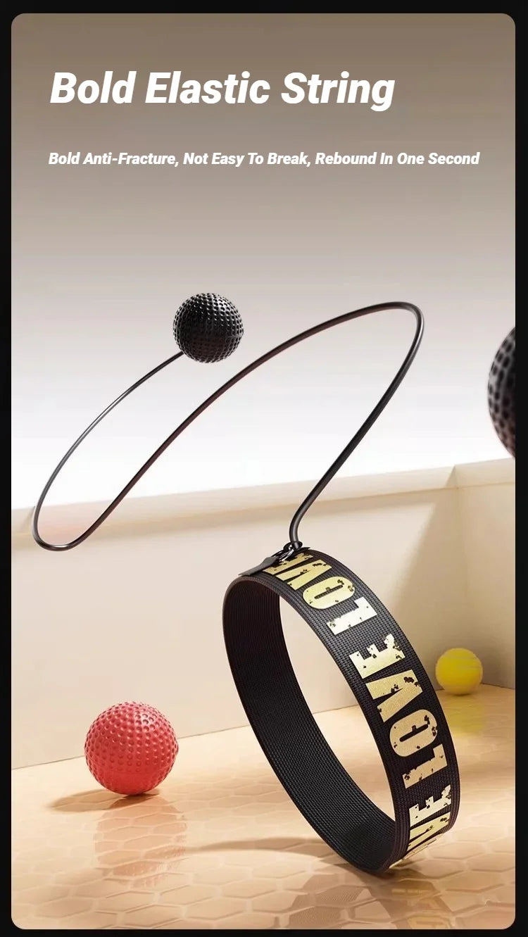 Reflex training headband with a black elastic string and a textured black ball, featuring gold "LOVE" text.