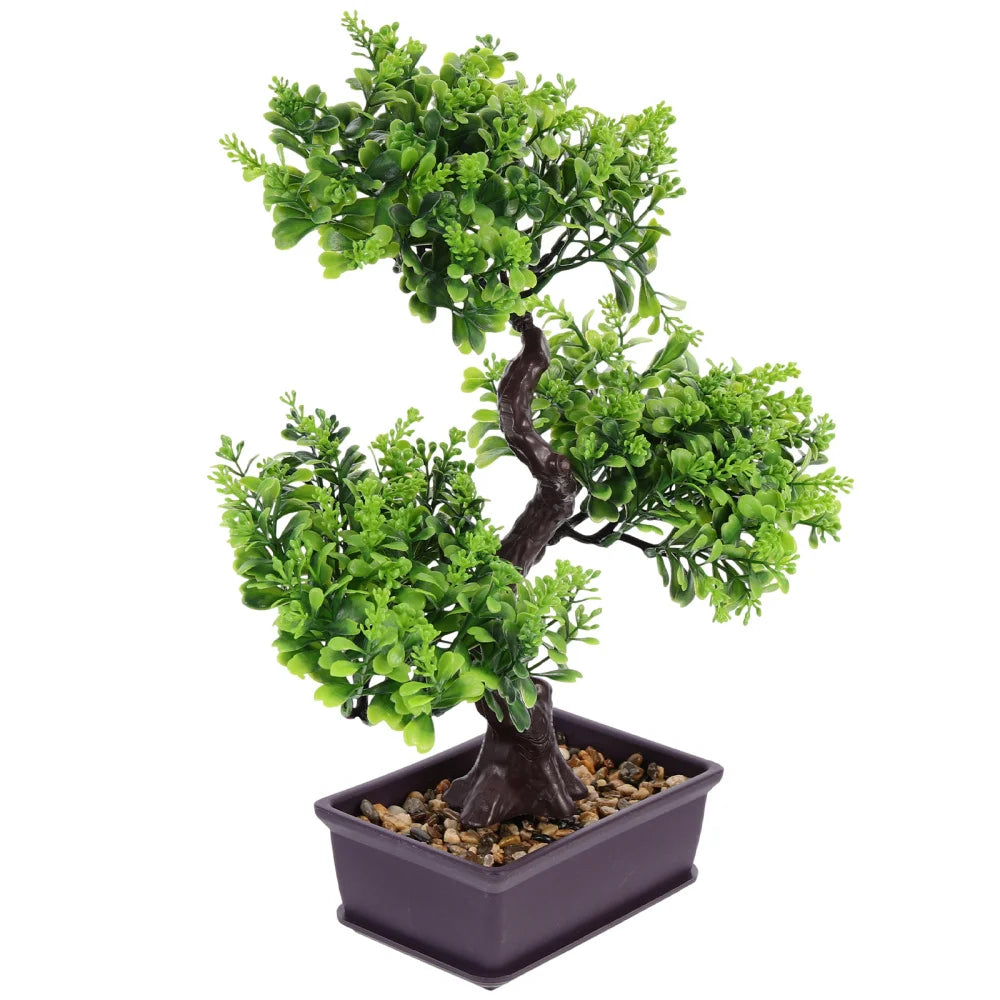 Artificial bonsai tree with vibrant green plastic leaves, a textured brown trunk, and faux pebbles in a rectangular pot.