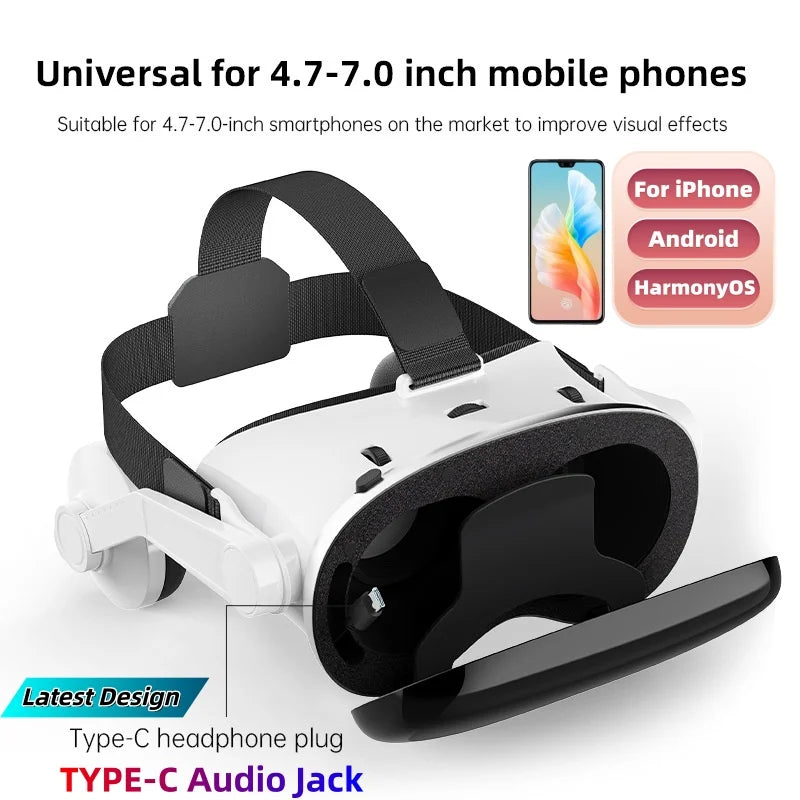 White and black G18E VR headset with adjustable head straps, open phone slot, and built-in headphones.