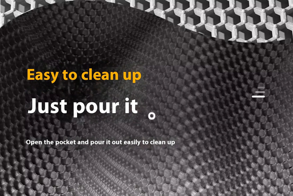 Close-up of a black, double-layered honeycomb cat litter mat that opens like a pocket for easy cleaning.