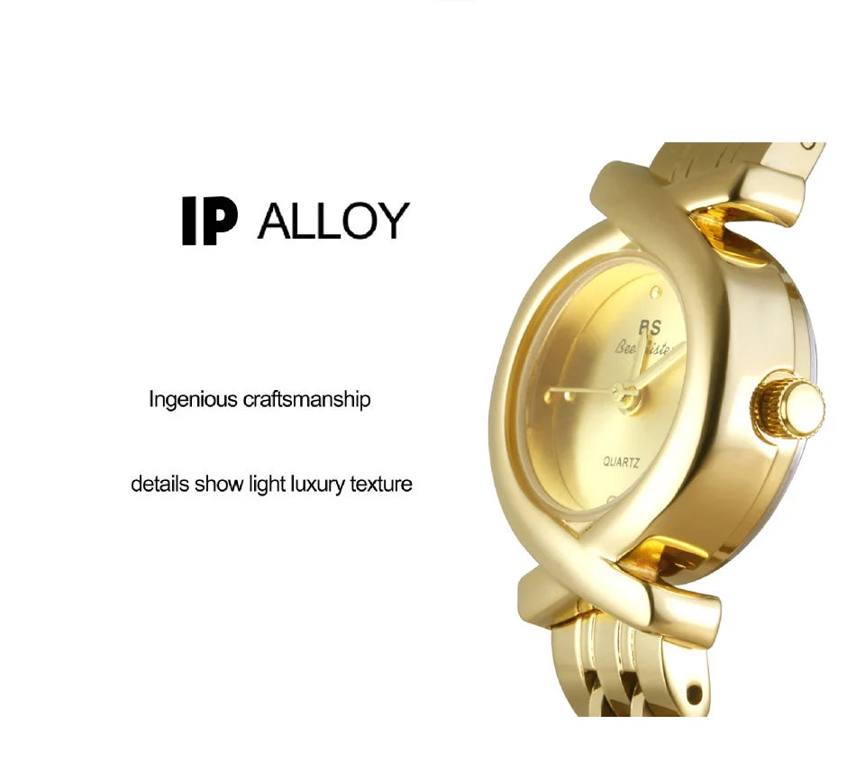 Gold-tone women's quartz wristwatch with a unique crossover bezel design and matching polished stainless steel strap.