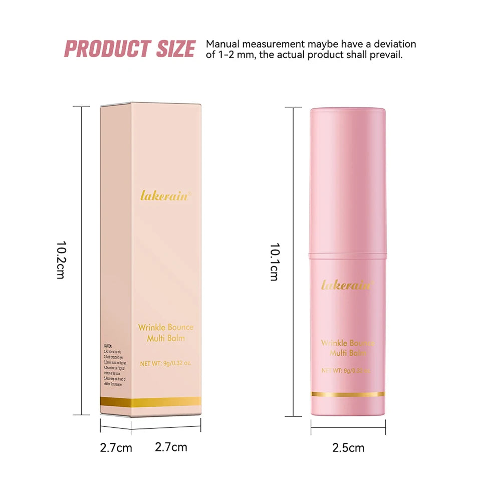 Pink wrinkle bounce multi-balm stick with matching rectangular box, shown with dimensions in centimetres.