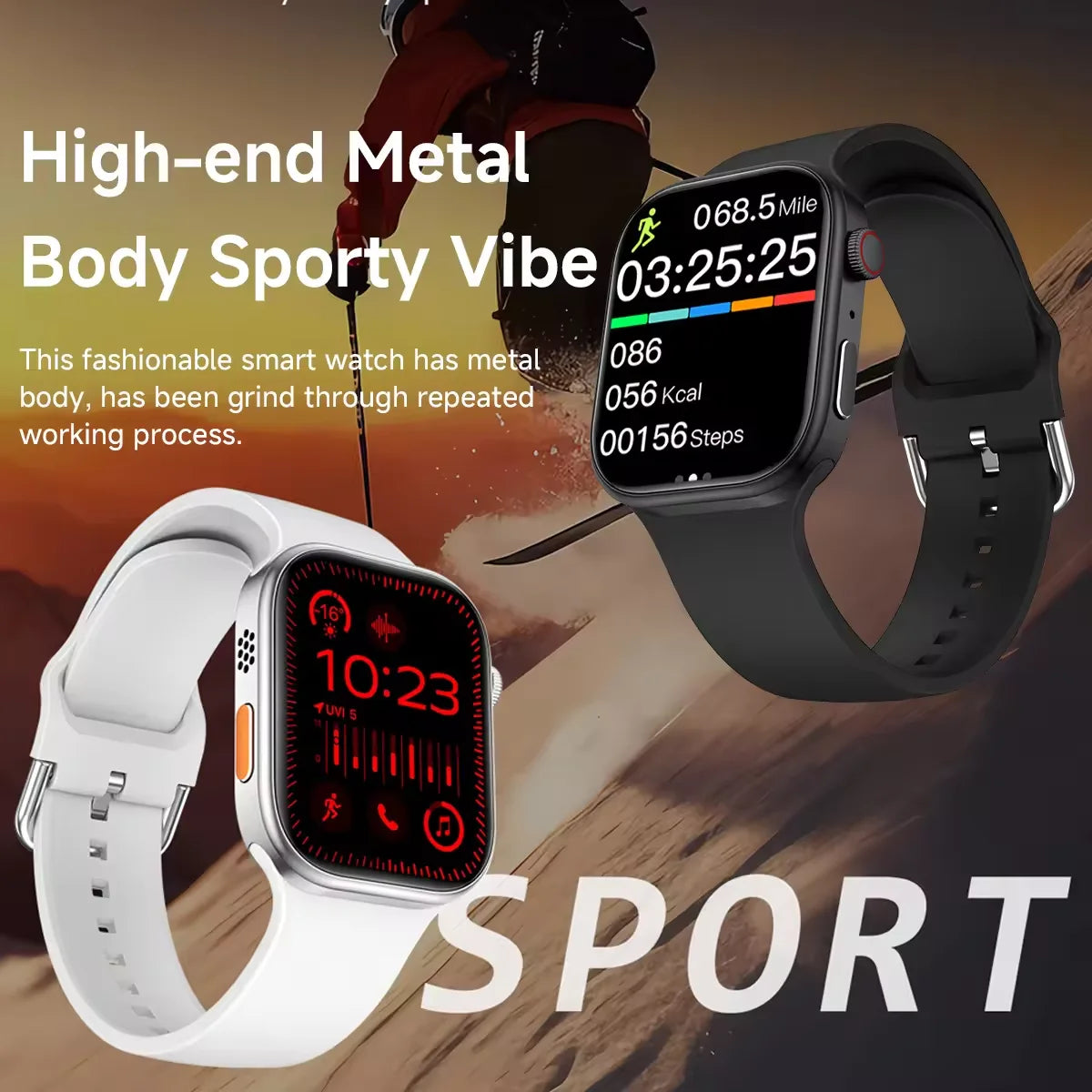 A black and a white multi-sport metal smart watch, featuring digital touchscreens displaying fitness and calling data.