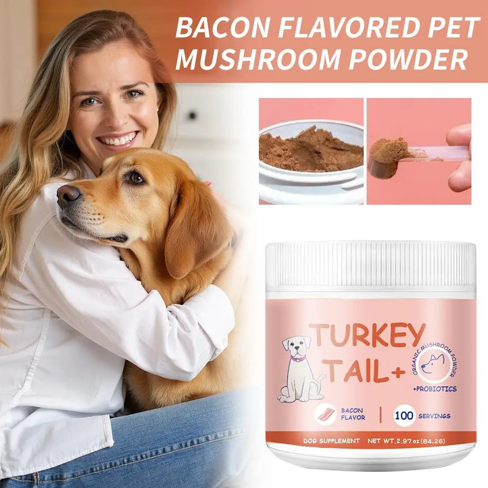 Bacon-flavoured mushroom and probiotic powder for dogs in a pink tub, shown with a scoop and a woman hugging her dog.
