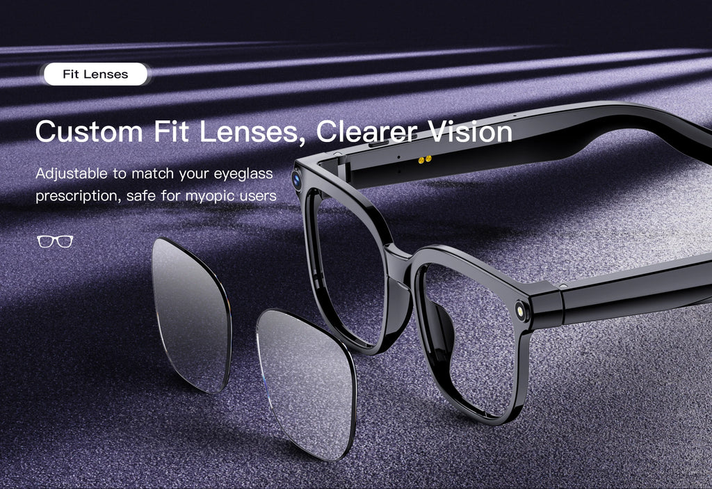 Sleek black smart glasses with a camera, showing detachable, customisable prescription lenses on a purple background.
