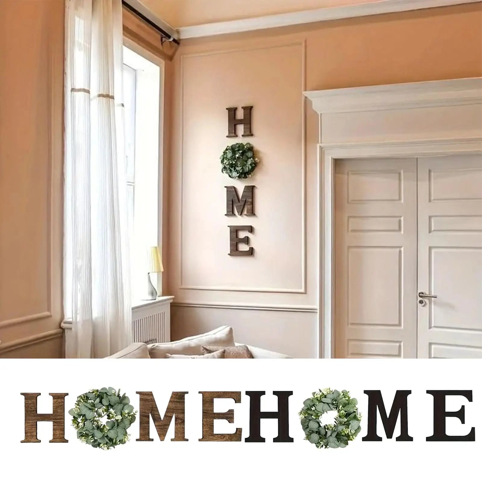 Rustic wooden 'HOME' wall letters with artificial eucalyptus wreaths replacing the letter 'O', displayed in a home.
