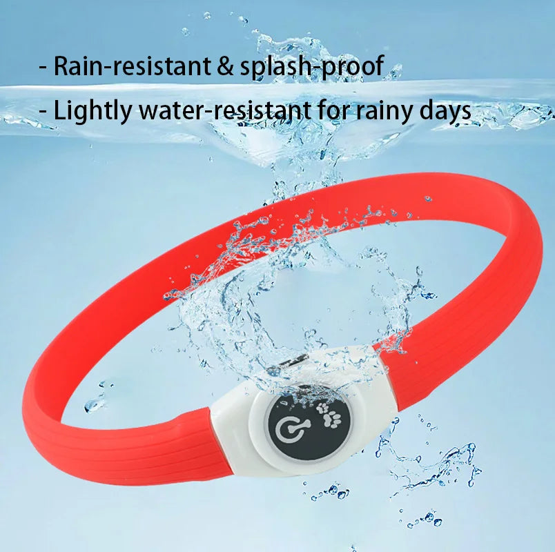 Bright red, waterproof LED dog collar with a white power button, shown splashing in water.