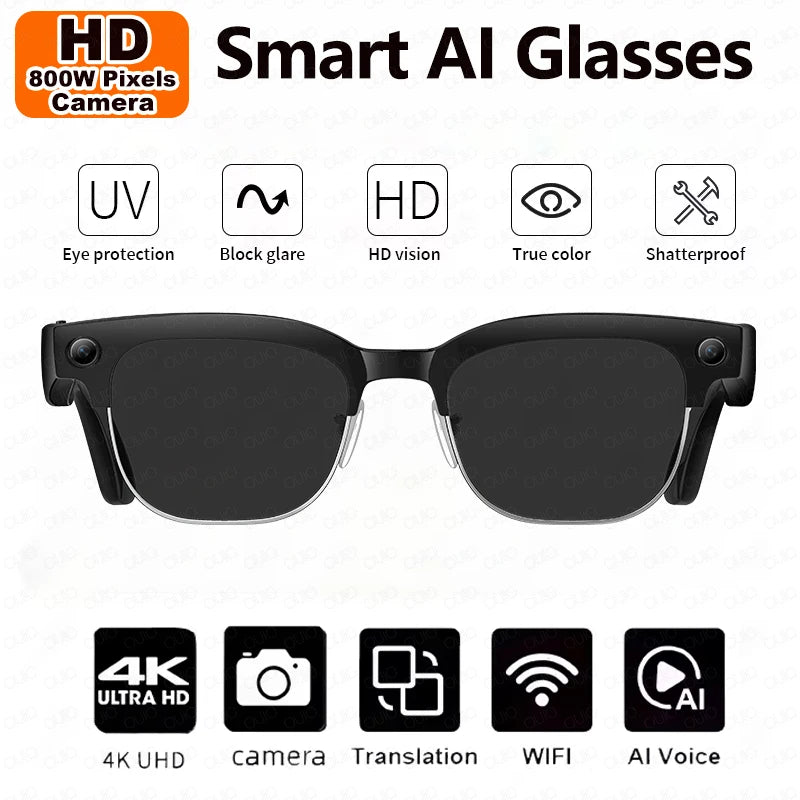 Sleek black smart glasses with integrated HD cameras, featuring UV protection, glare reduction, and AI translation tech.