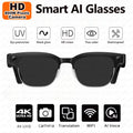 Sleek black smart glasses with integrated HD cameras, featuring UV protection, glare reduction, and AI translation tech.