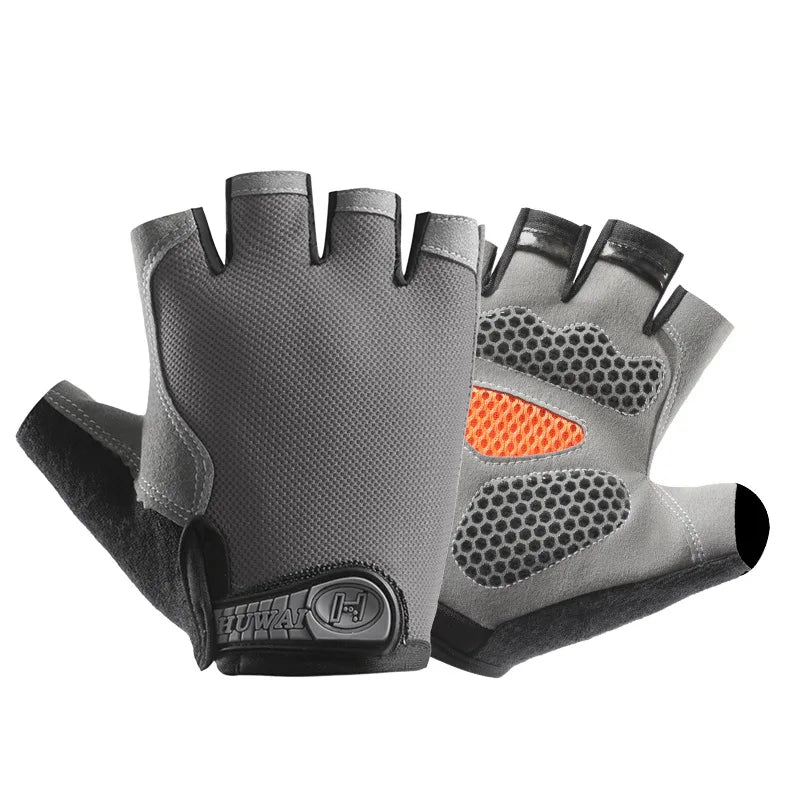 Grey fingerless cycling gloves with black trim, textured palm padding, and an orange mesh detail.