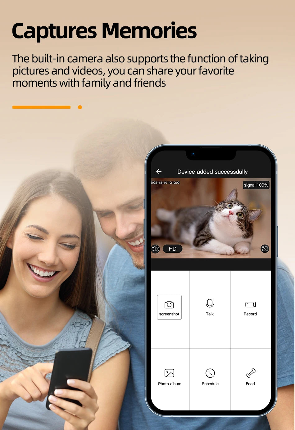 Smartphone screen showing a minimalist app interface for a camera, displaying a cat, control icons, and text overlay.