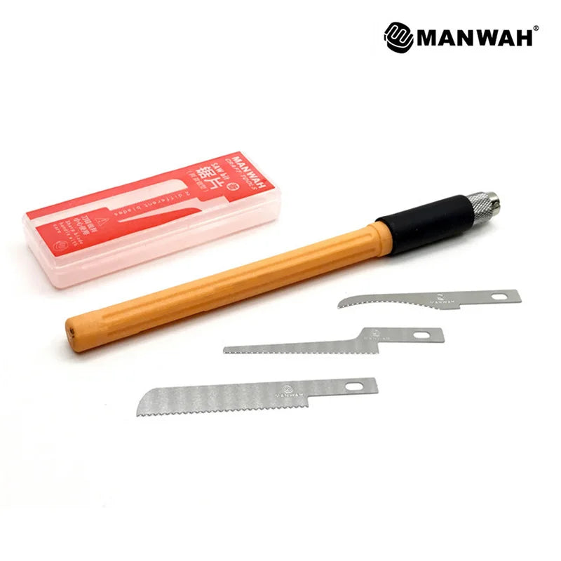 Precision craft saw tool with orange handle, black grip, and three interchangeable serrated metal blades in a case.