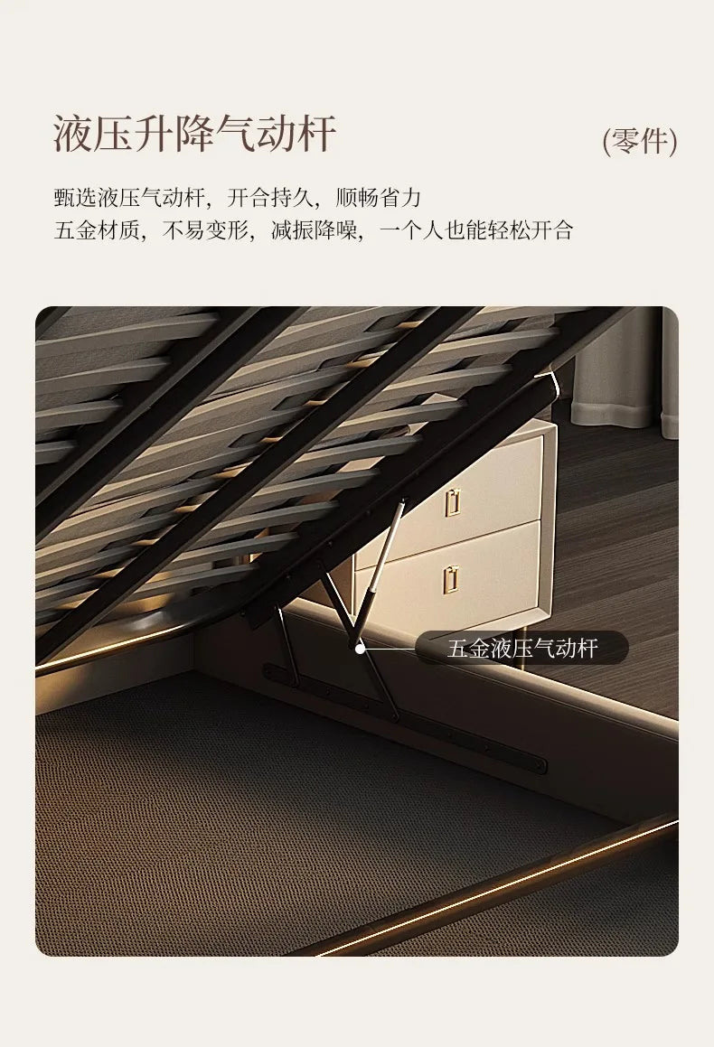 Close-up of a modern beige double bed frame showing the smooth hydraulic gas-lift mechanism for under-bed storage.