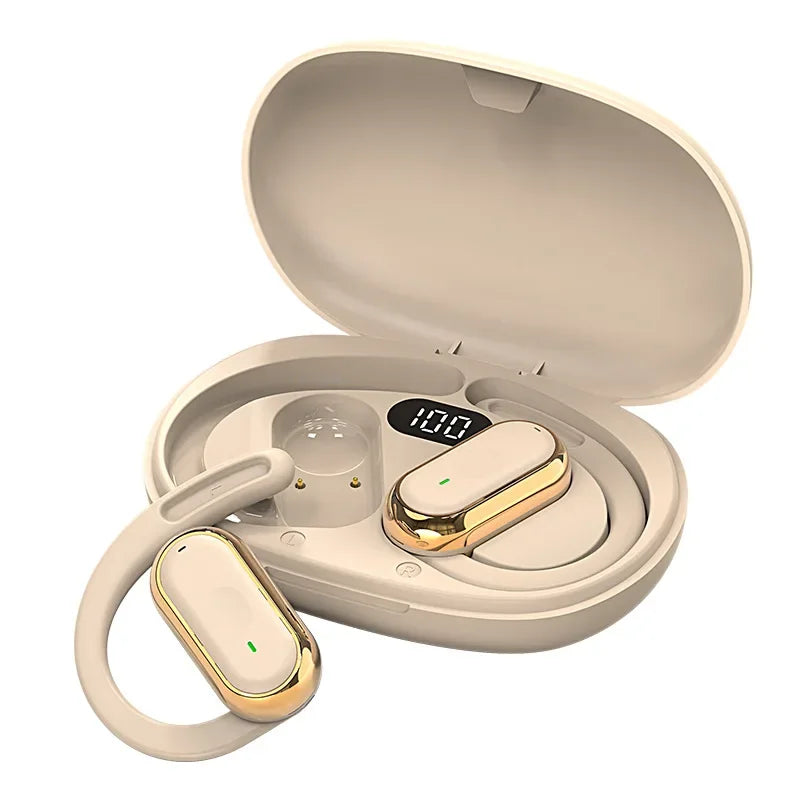 Beige wireless ear hooks with gold accents in an open charging case featuring a digital battery display.