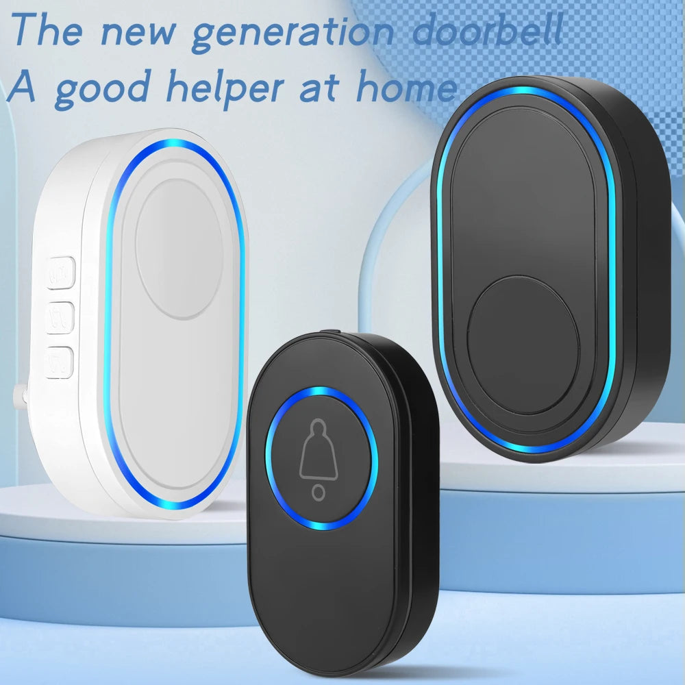Wireless smart doorbell kit featuring one black push button and two oval indoor chimes in white and black.