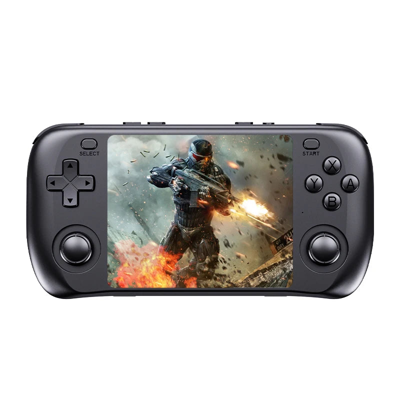 Black handheld retro gaming console with HD display, D-pad, dual joysticks, and action buttons.