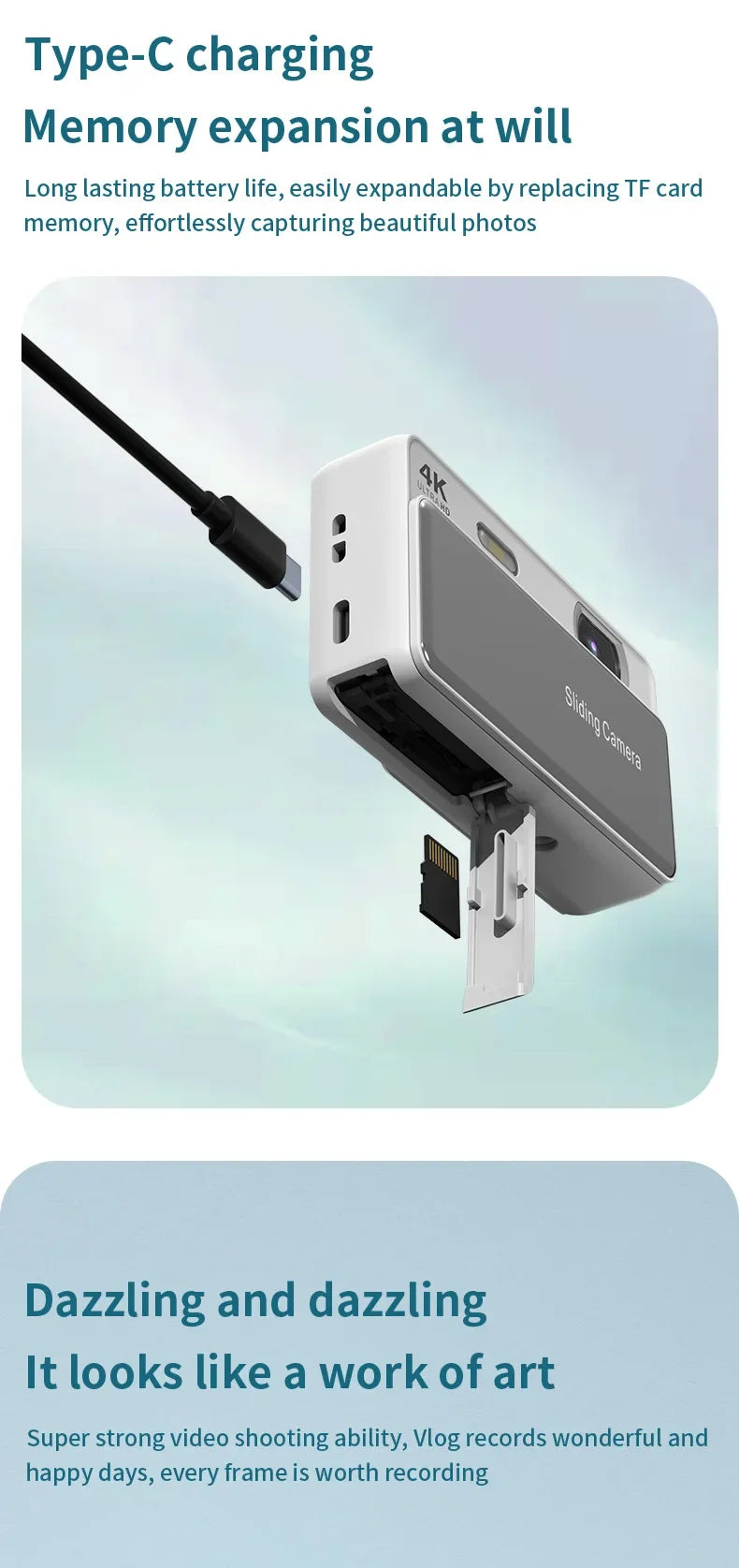 White and grey plastic digital camera with a USB-C charging cable and an open TF memory card slot.