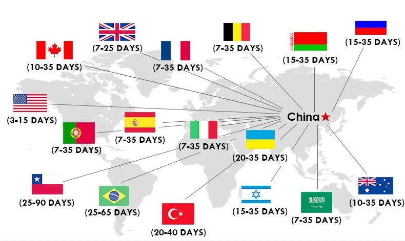 World map graphic showing shipping times from China to various countries, represented by colorful national flags.