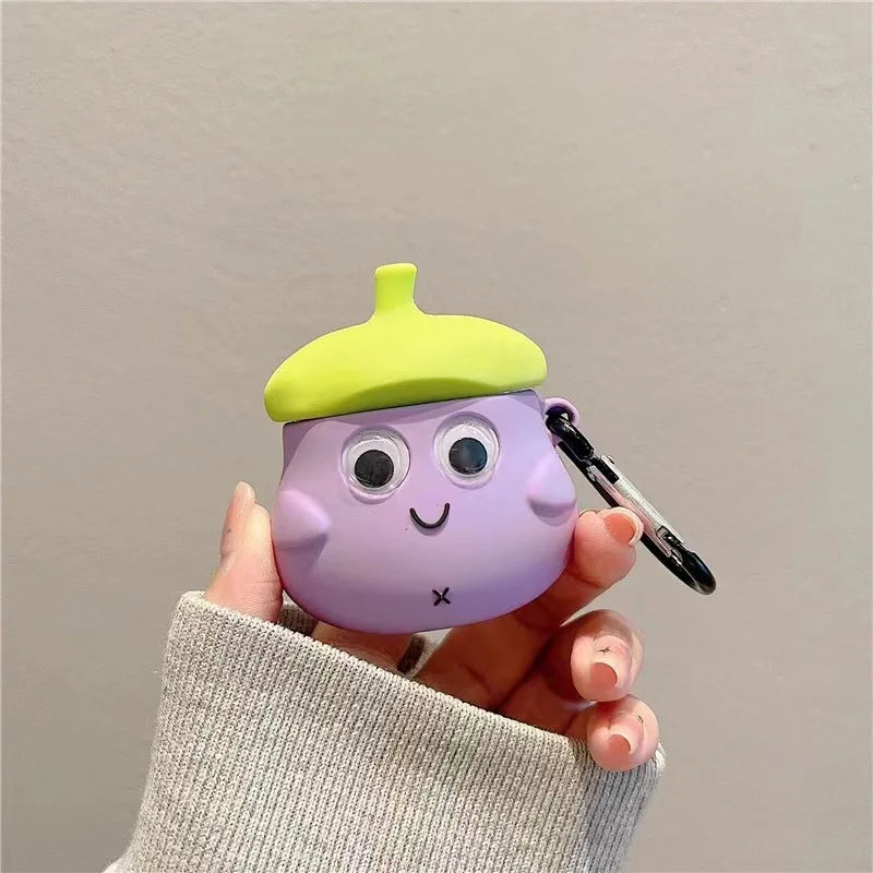 Cute purple and lime green silicone AirPods case with googly eyes and a handy keyring attachment.