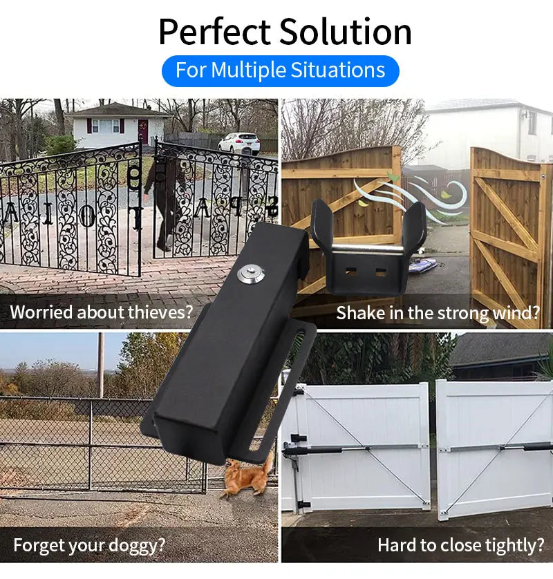 Black metal gate drop bolt lock with a keyed cylinder, used for securing various outdoor gate styles.