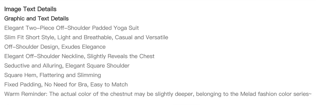 Chestnut brown two-piece yoga set with a slim-fit, off-shoulder padded top and matching shorts.