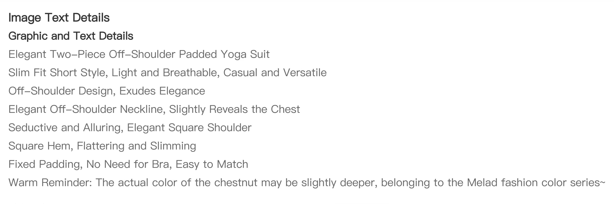 Chestnut brown two-piece yoga set with a slim-fit, off-shoulder padded top and matching shorts.