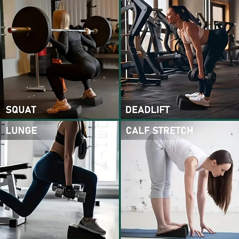 Four photos showing a black slanted squat wedge being used for squats, deadlifts, lunges, and calf stretches.