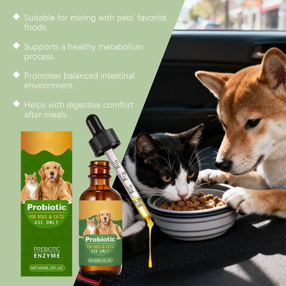 60ml amber glass bottle of pet probiotic enzyme with a measured dropper, shown with a cat and dog eating from a bowl.