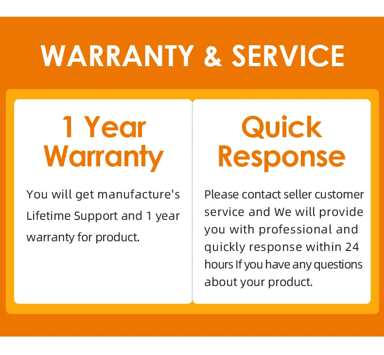 Warranty and service card with orange header, white background, and bold orange text detailing warranty and support.