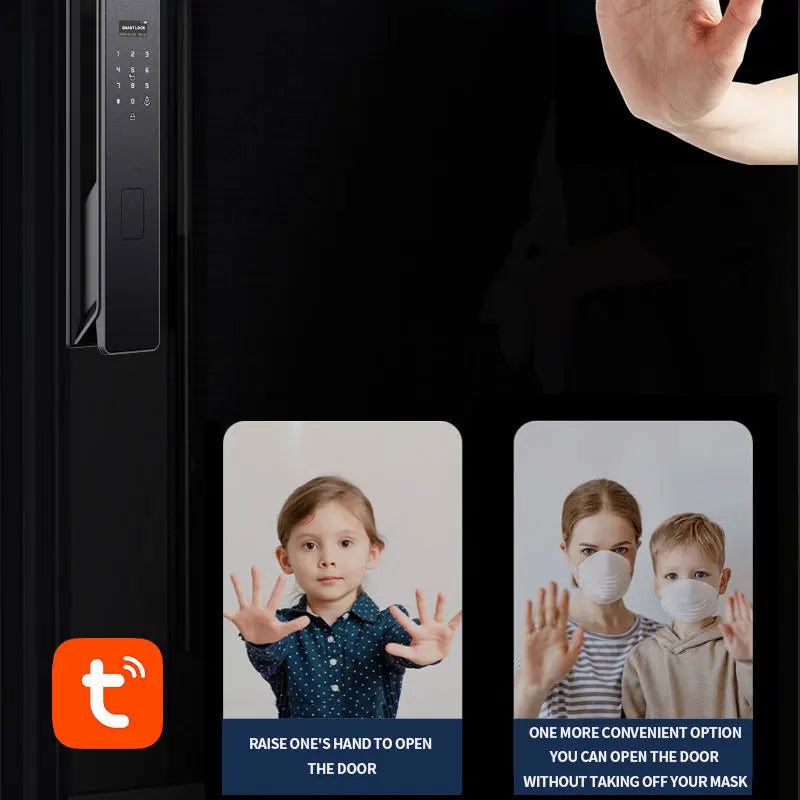 Black metal smart door lock with a digital keypad and biometric palm scanner.