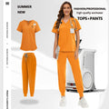 Orange medical scrub set featuring a V-neck top with utility pockets and joggers with a drawstring waist.