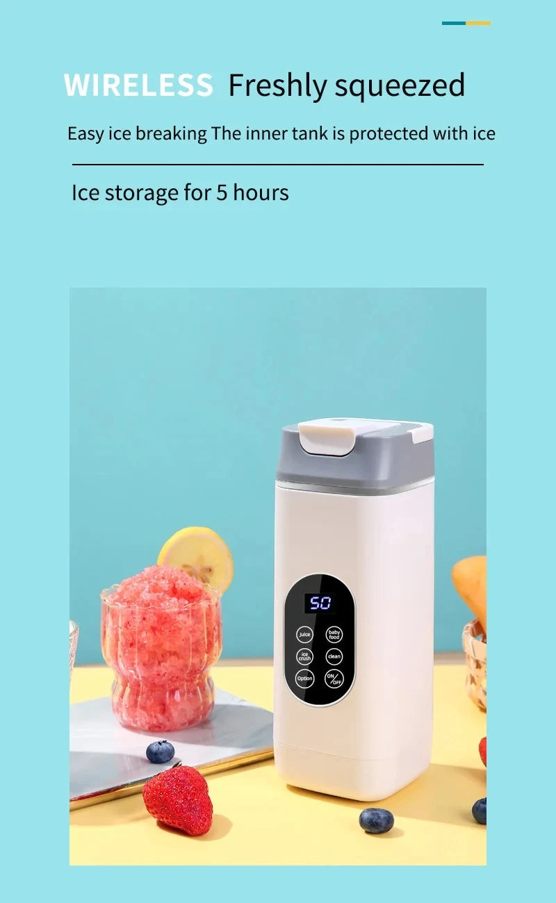 White portable wireless blender with a grey lid, digital control panel, and a bowl of shaved fruit ice.