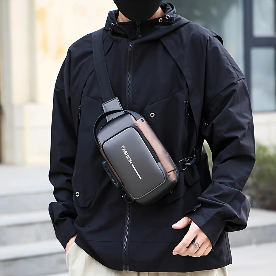 Black, sleek anti-theft sling bag worn across the chest, featuring a durable, modern, compact design.