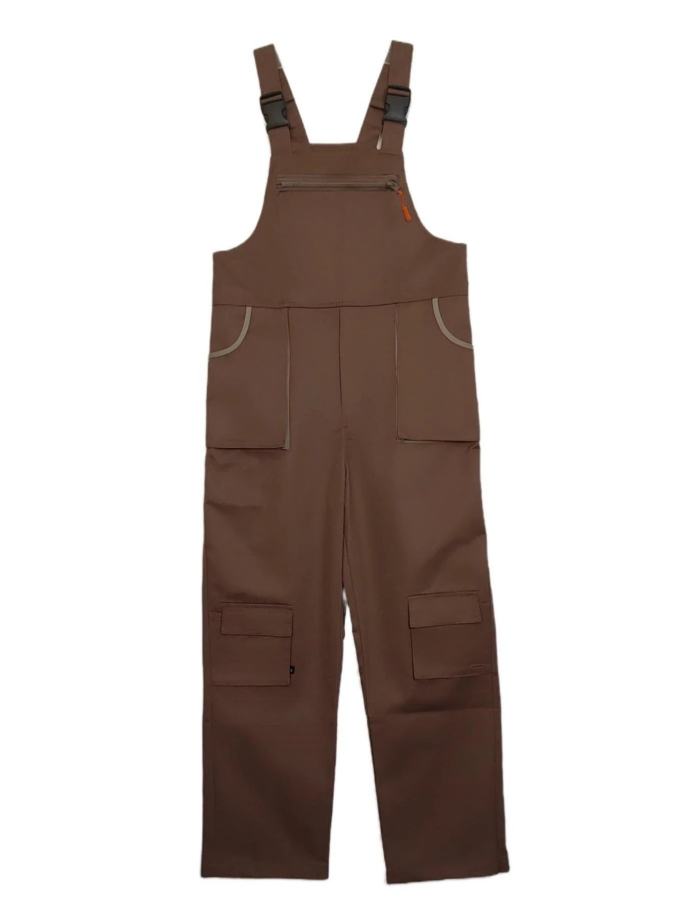 Brown multi-pocket bib overalls with adjustable buckle straps, front zip chest pocket, and utility cargo pockets.