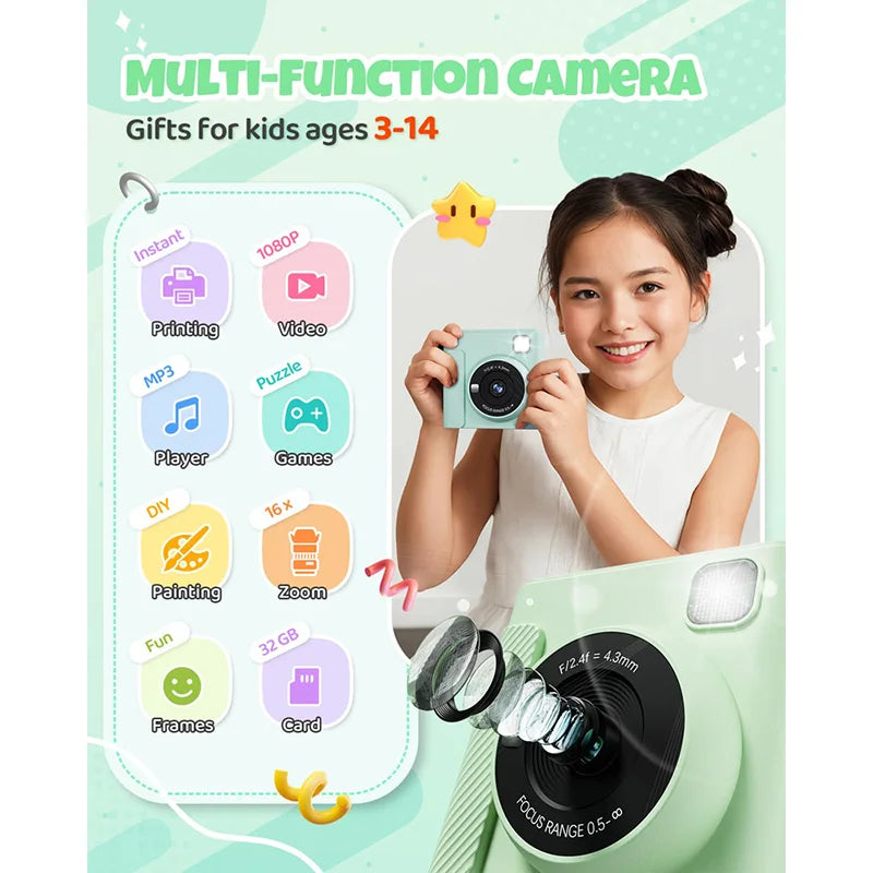 Light green plastic instant camera for kids with 1080p video, games, MP3 player, and 32GB storage.