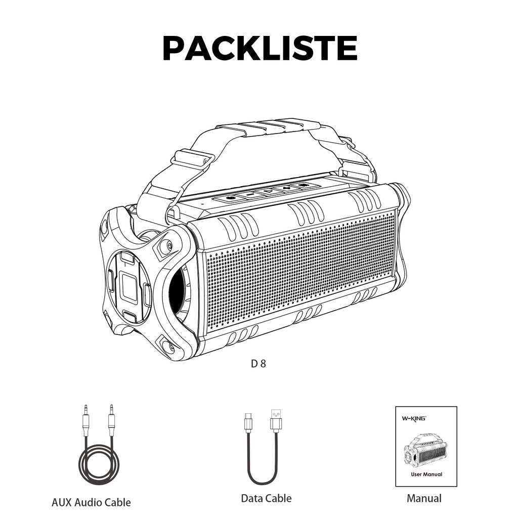 Line art of a rugged portable 90W Bluetooth speaker with a carry strap, plus AUX cable, data cable, and user manual.