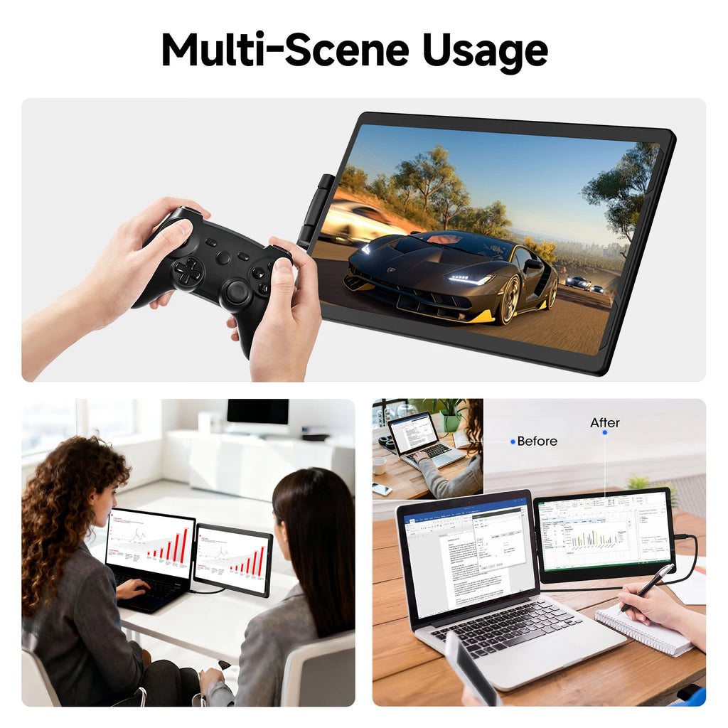 A slim, black 13.3-inch portable monitor showing gaming, dual-screen productivity, and document multitasking.