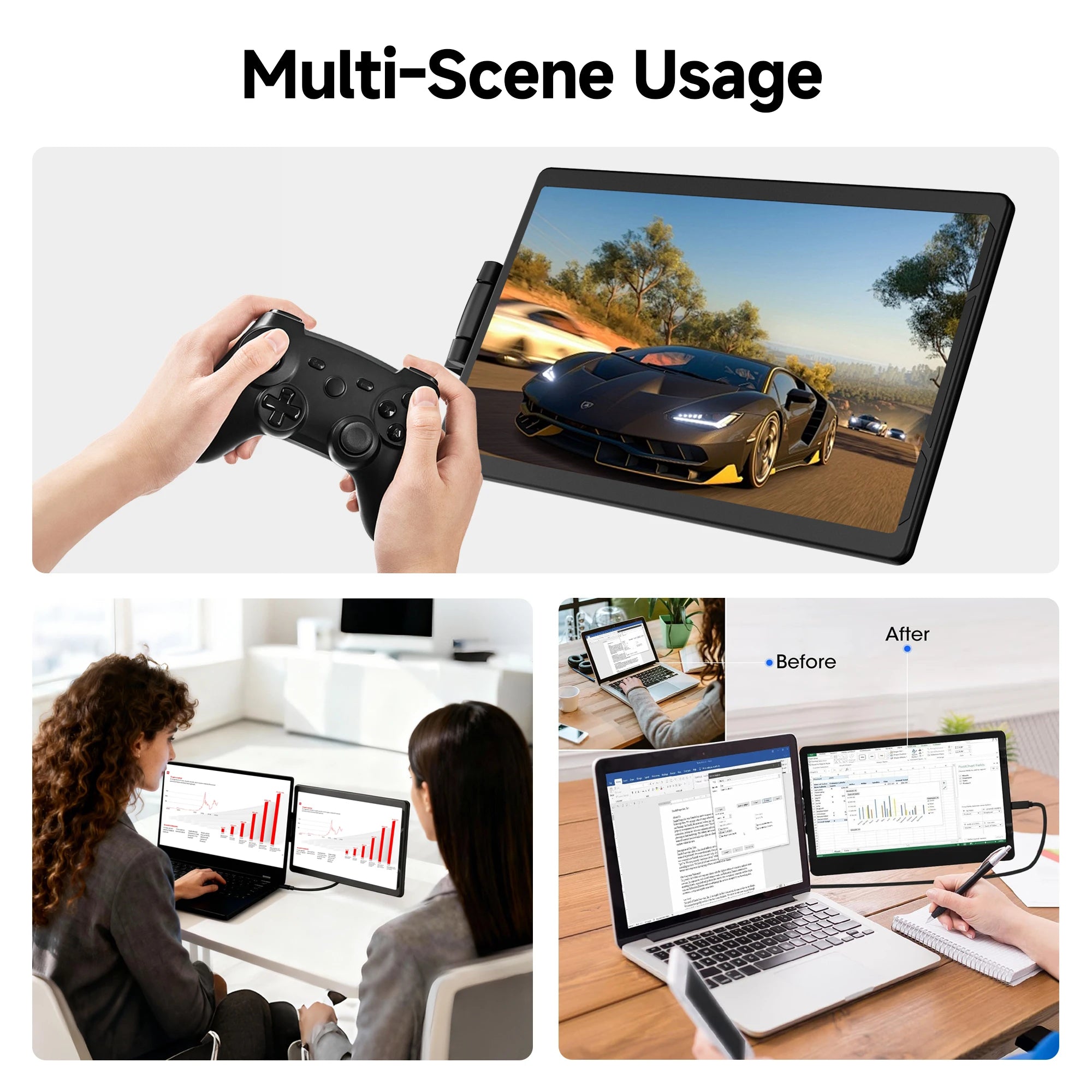 A slim, black 13.3-inch portable monitor showing gaming, dual-screen productivity, and document multitasking.