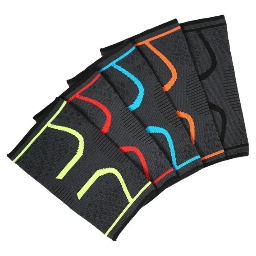 Five dark gray elastic knee support braces with contrasting neon green, red, blue, orange, and black knit trim.