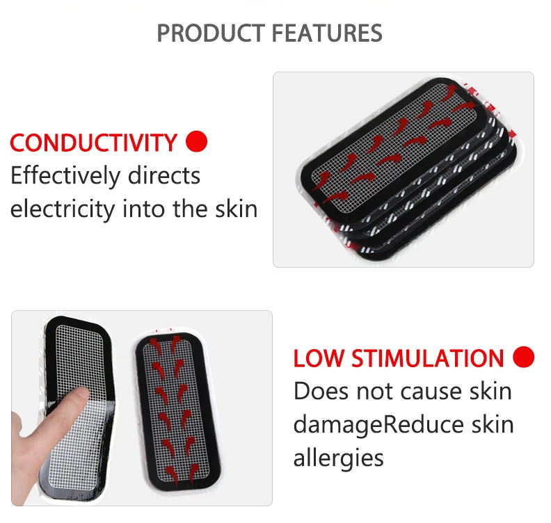 Rectangular black adhesive replacement pads for an abdominal muscle stimulator with conductive grid patterns.